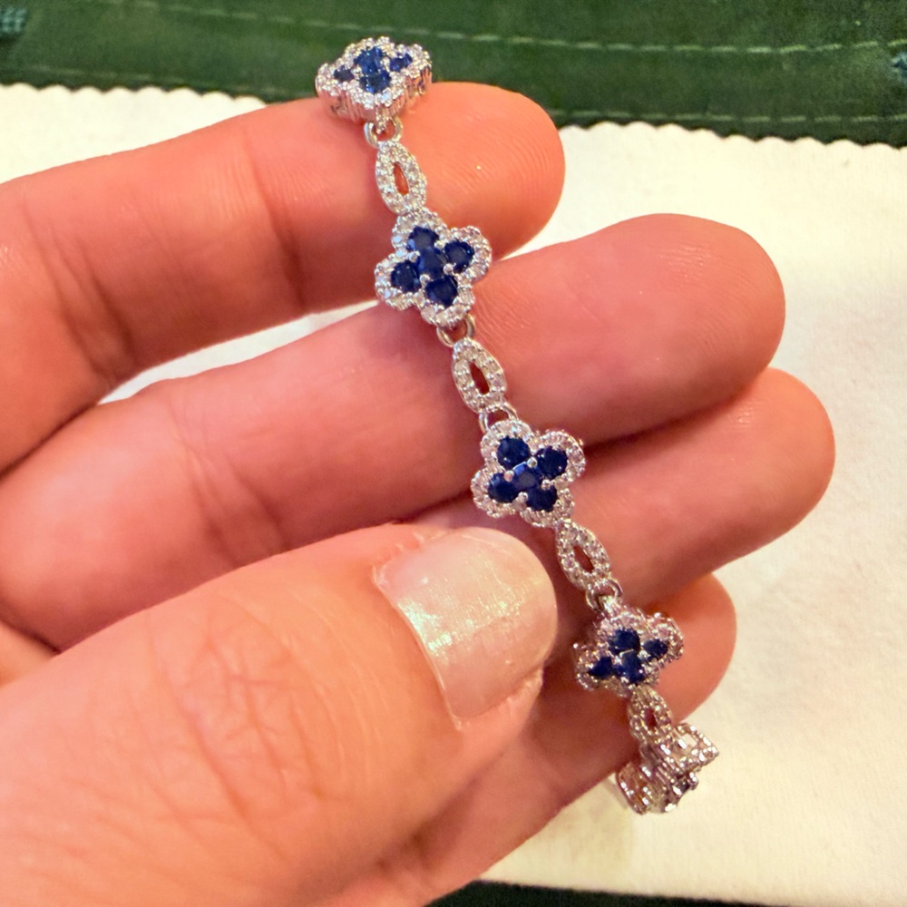 Women's Blue Sapphire Flower Link Bracelet - Sterling Silver - Picture 3 of 6